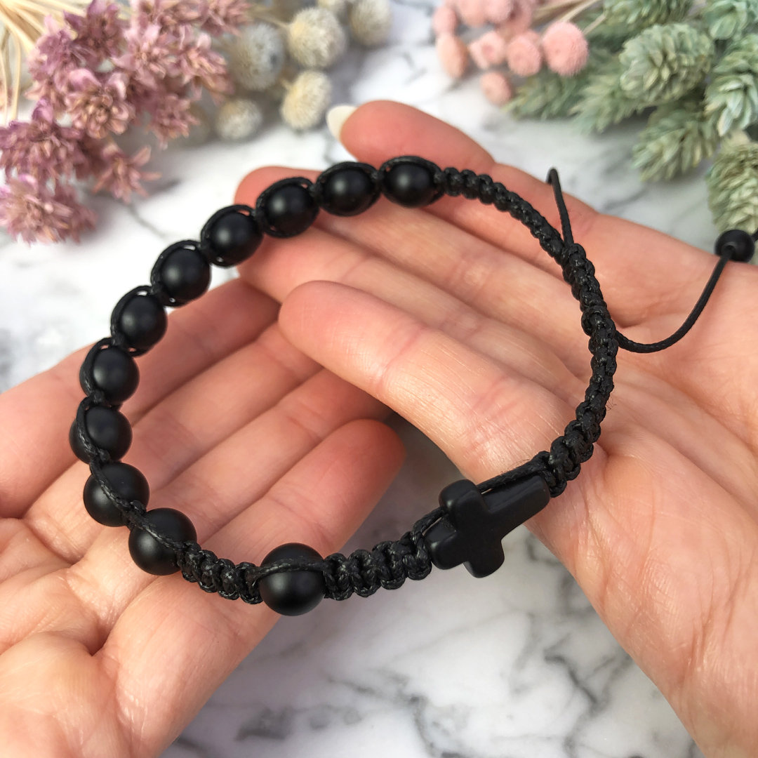 Męska bransoletka różaniec sznurkowy na rękę  czarny onyks matowy ARTUNIQUE