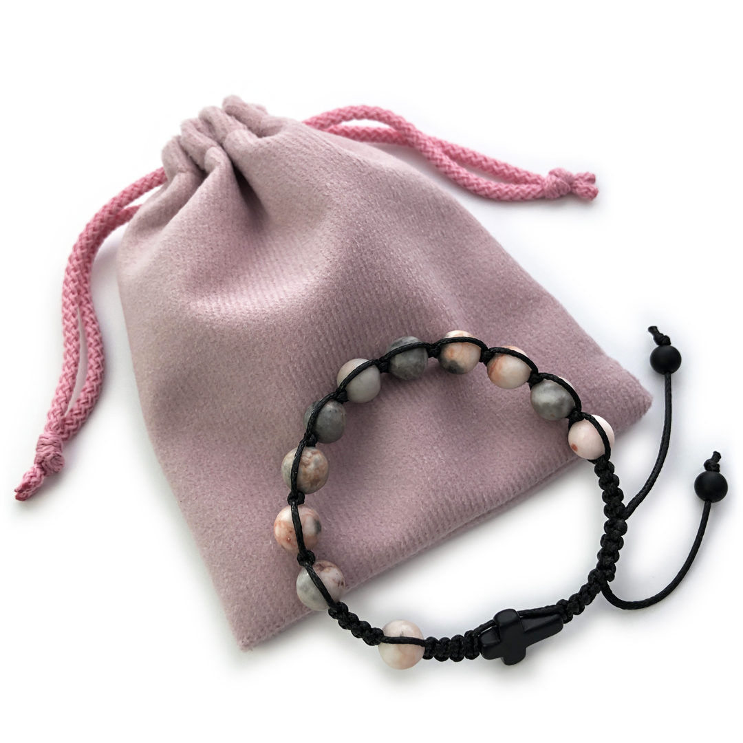 Damska bransoletka różaniec sznurkowy na rękę ✞ jaspis "Pink Zebra" ARTUNIQUE