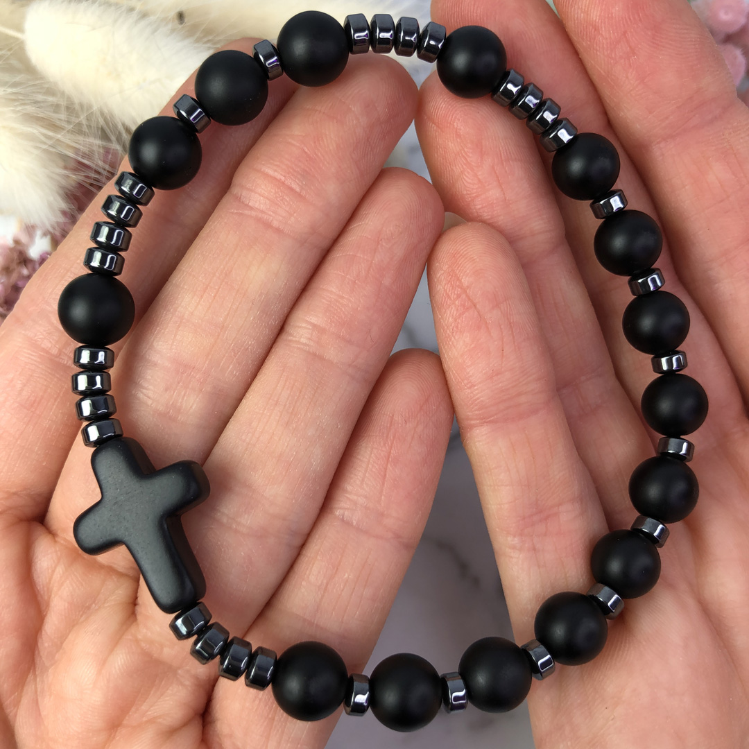 Męska bransoletka różaniec na rękę onyks matowy i hematyt ARTUNIQUE