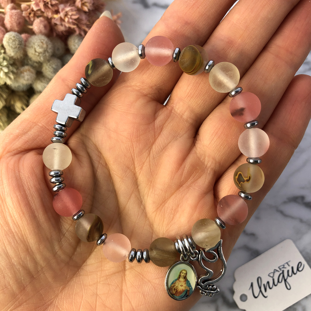 Różaniec bransoletka na rękę kwarc arbuzowy matowy ARTUNIQUE