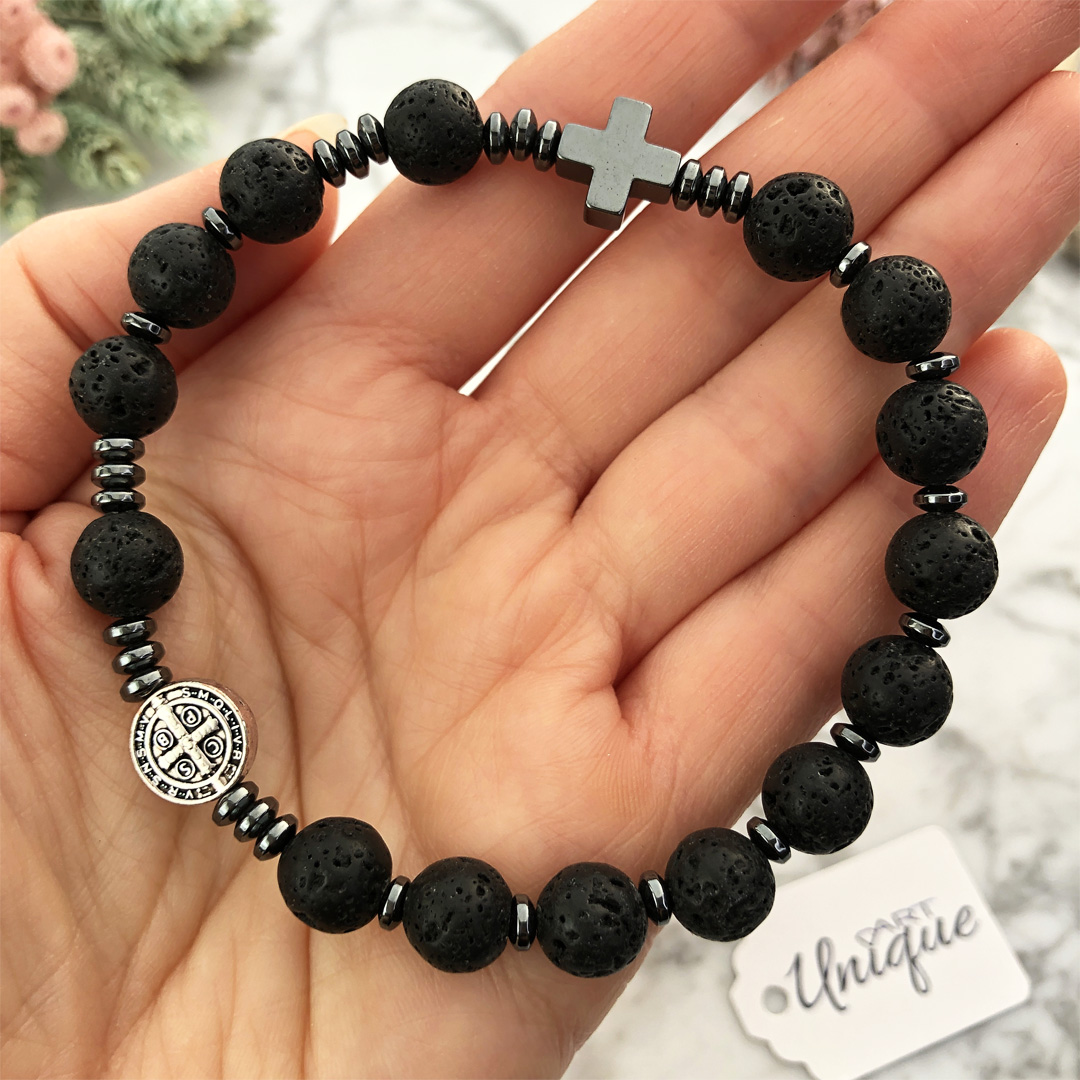 męska bransoletka różaniec na rękę z medalikiem Św. Benedykta czarna lawa ARTUNIQUE Allegro