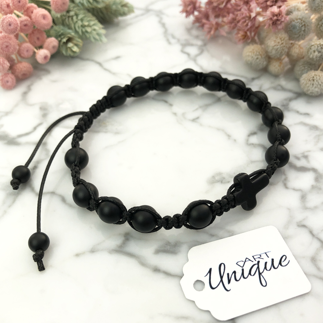 Męska bransoletka różaniec sznurkowy na rękę czarny onyks matowy ARTUNIQUE