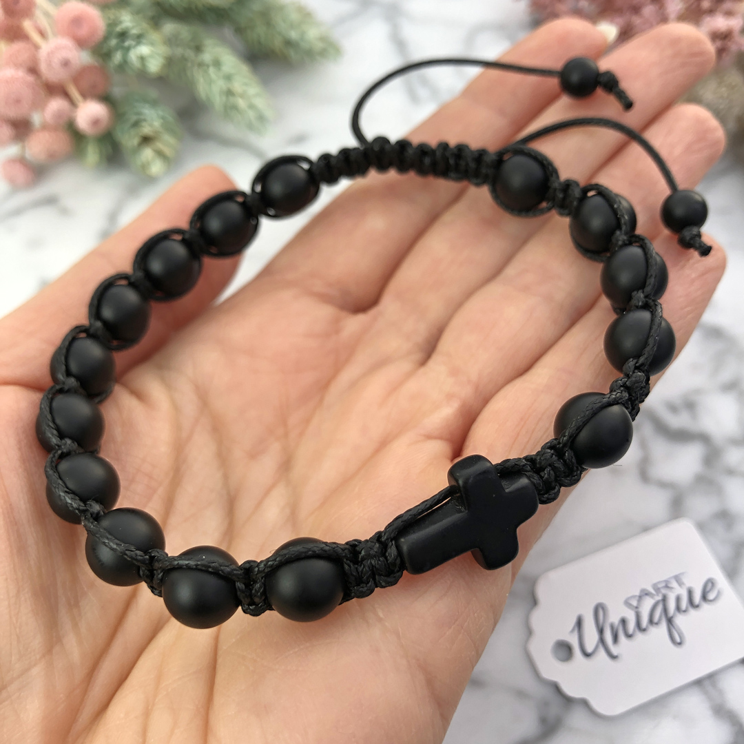 Męska bransoletka różaniec sznurkowy na rękę czarny onyks matowy ARTUNIQUE