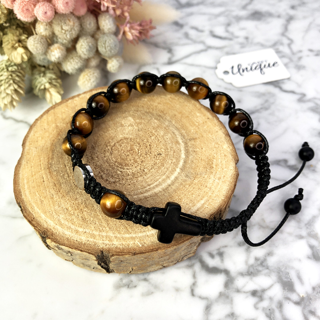 Męska bransoletka różaniec sznurkowy na rękę TYGRYSIE OKO  Św. Benedykt ARTUNIQUE