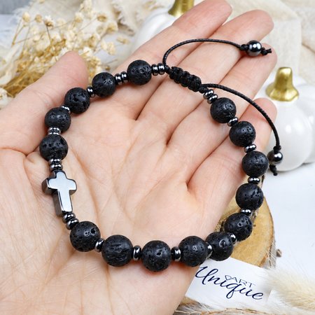 Męska bransoletka różaniec sznurkowy na rękę ✞ lawa i hematyt ✞ CMRB001