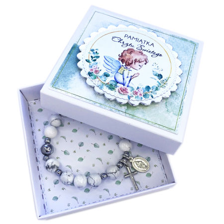 Różaniec bransoletka ✞ biały howlit ✞ PAMIĄTKA CHRZTU CRB007