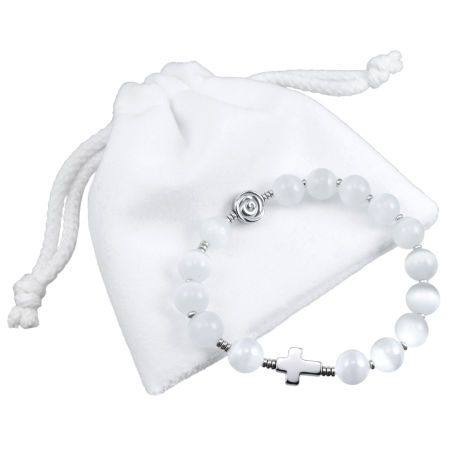 Różaniec bransoletka ✞ białe kocie oko, hematyt ✞ PAMIĄTKA CHRZTU lub KOMUNII CRB018