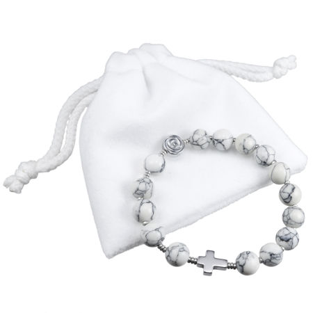 Różaniec bransoletka ✞ biały howlit, hematyt ✞ PAMIĄTKA CHRZTU lub KOMUNII CRB020
