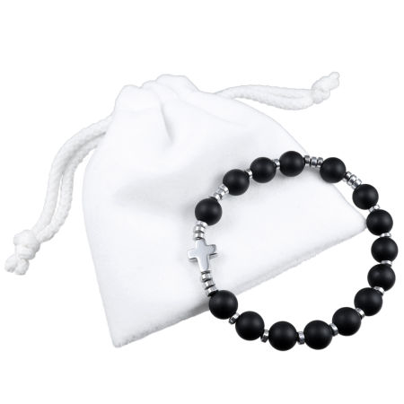 Różaniec bransoletka ✞ onyks matowy, hematyt ✞ PAMIĄTKA KOMUNII CRB024