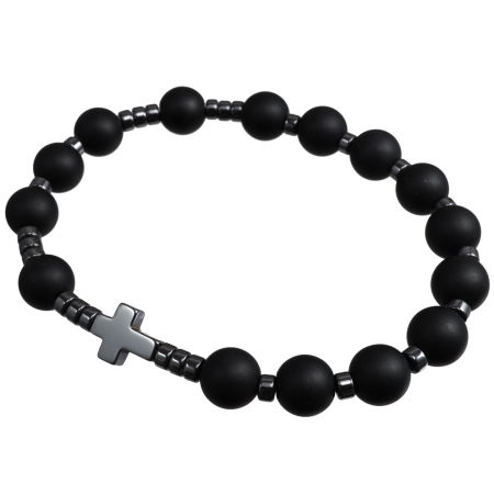 Różaniec bransoletka ✞ onyks matowy, hematyt ✞ PAMIĄTKA KOMUNII CRB029