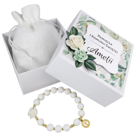 Różaniec bransoletka ✞ róża z laki i biały agat ✞ PAMIĄTKA KOMUNII CRB031