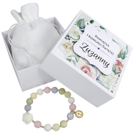 Różaniec bransoletka ✞ róża z laki i jadeit ✞ PAMIĄTKA KOMUNII CRB033