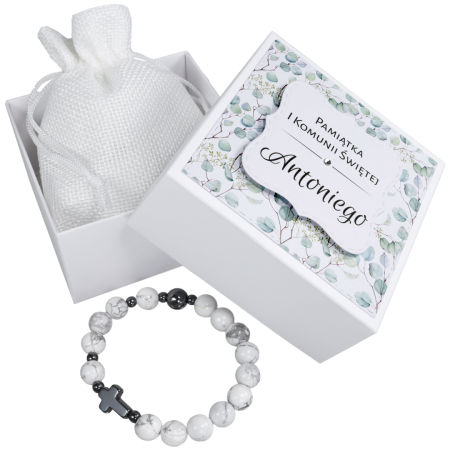 Różaniec bransoletka ✞ biały howlit i hematyt ✞ PAMIĄTKA KOMUNII CRB034