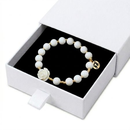 Różaniec bransoletka ✞ róża z laki i biały agat ✞ PAMIĄTKA KOMUNII CRB035