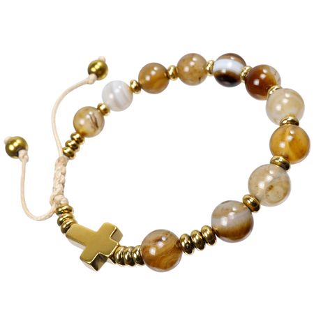 Różaniec bransoletka na rękę z kamieni na sznurku ✞ agat brązowy jasny CWRB003