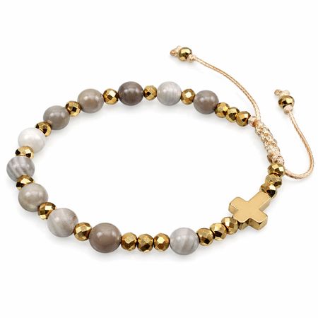 Różaniec bransoletka na rękę z kamieni na sznurku ✞ krzemień pasiasty CWRB006