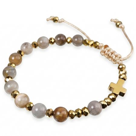 Różaniec bransoletka na rękę z kamieni na sznurku ✞ kamień słoneczny szaro-beżowy CWRB007