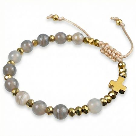 Różaniec bransoletka na rękę z kamieni na sznurku ✞ agat szary CWRB011