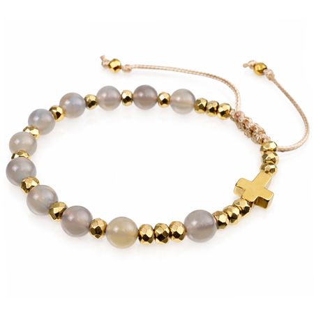 Różaniec bransoletka na rękę z kamieni na sznurku ✞ agat szary CWRB011