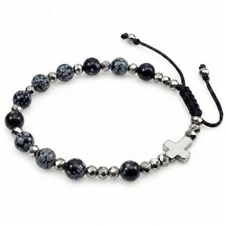 Różaniec bransoletka na rękę z kamieni na sznurku ✞ obsydian śnieżny CWRB013