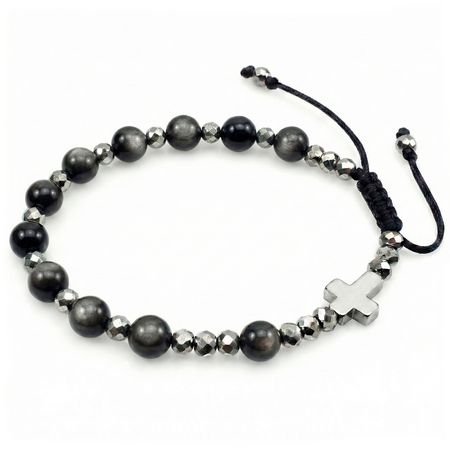Różaniec bransoletka na rękę z kamieni na sznurku ✞ obsydian srebrny CWRB014