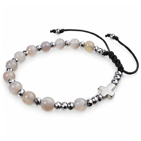 Różaniec bransoletka na rękę z kamieni na sznurku ✞ agat szary CWRB017