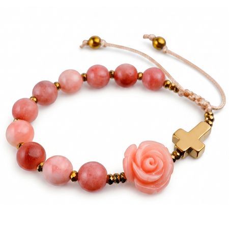 Różaniec bransoletka na rękę z kamieni na sznurku ✞ róża i jadeit CWRB019