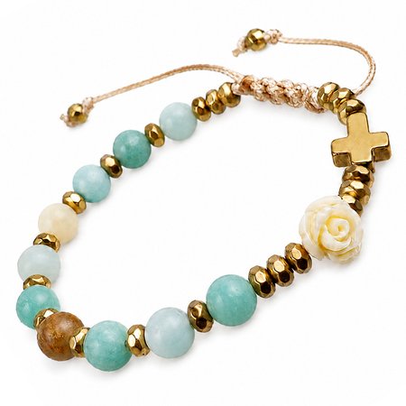 Różaniec bransoletka na rękę z kamieni na sznurku ✞ róża i amazonit CWRB031