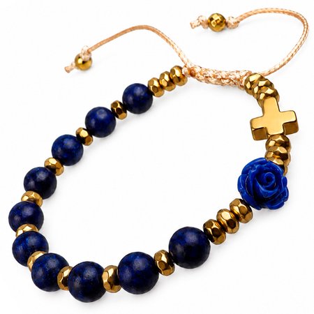 Różaniec bransoletka na rękę z kamieni na sznurku ✞ róża i lapis lazuli CWRB036