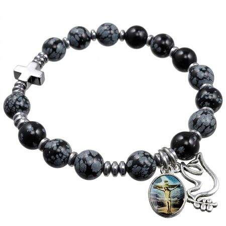 Różaniec bransoletka na rękę ✞ obsydian śnieżny ✞ EWRB134