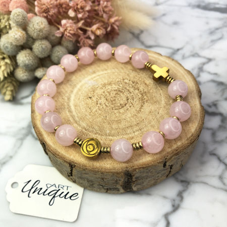 Różaniec bransoletka na rękę damska kwarc różowy złoty hematyt ARTUNIQUE