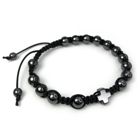 Męska bransoletka różaniec sznurkowy na rękę ✞ czarny hematyt MRB008