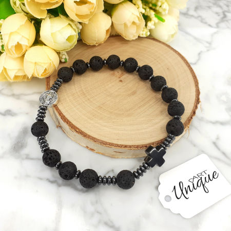 bransoletka różaniec na rękę z medalikiem Św. Benedykta czarna lawa ARTUNIQUE Allegro