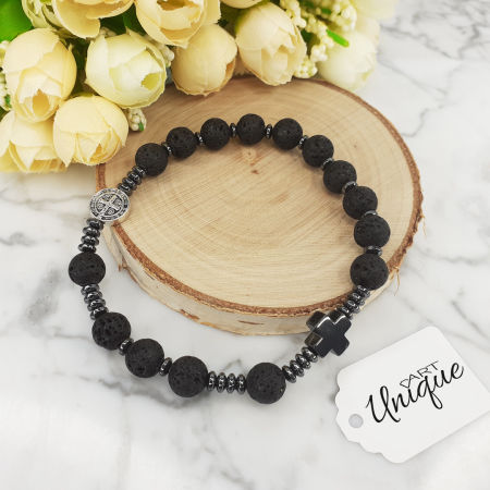 bransoletka różaniec czarny na rękę z medalikiem Św. Benedykta lawa ARTUNIQUE Allegro