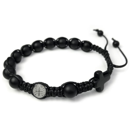 Męska bransoletka różaniec sznurkowy na rękę ✞ ONYKS MATOWY i STAL NIERDZEWNA ✞ Św. Benedykt ✞ MRB009