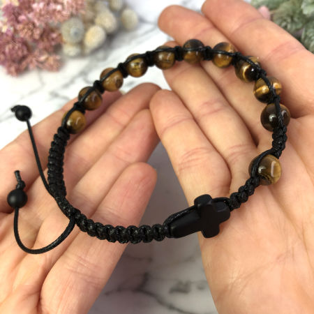 Męska bransoletka różaniec pleciony sznurkowy na rękę kamień tygrysie oko ARTUNIQUE