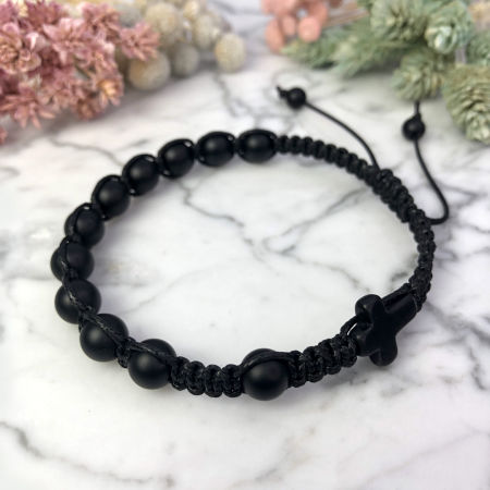 Męska bransoletka różaniec sznurkowy na rękę  czarny onyks matowy ARTUNIQUE