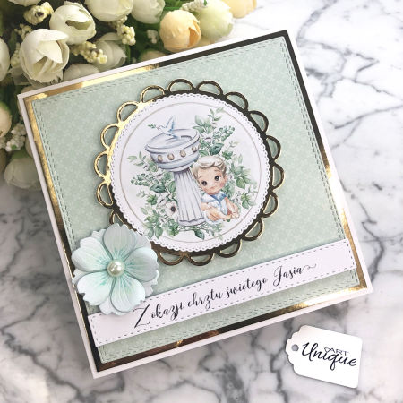 Ręcznie robiona spersonalizowana kartka na chrzest chłopca w pudełku SGC010B