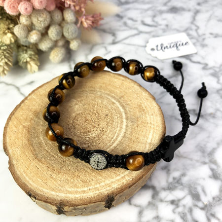 Męska bransoletka różaniec sznurkowy na rękę TYGRYSIE OKO  Św. Benedykt ARTUNIQUE