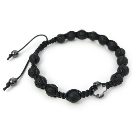 Męska bransoletka różaniec sznurkowy na rękę ✞ lawa i czarny hematyt MRB017