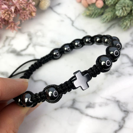 Męska bransoletka różaniec sznurkowy na rękę czarny hematyt ARTUNIQUE
