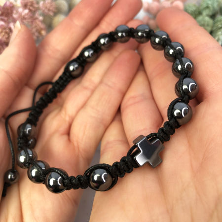 Męska bransoletka różaniec sznurkowy na rękę czarny hematyt ARTUNIQUE