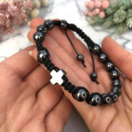 Męska bransoletka różaniec sznurkowy na rękę czarny hematyt ARTUNIQUE