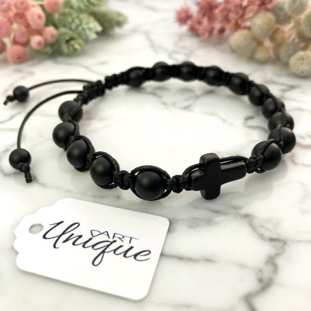 Męska bransoletka różaniec sznurkowy na rękę czarny onyks matowy ARTUNIQUE