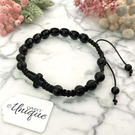 Męska bransoletka różaniec sznurkowy na rękę czarny onyks matowy ARTUNIQUE