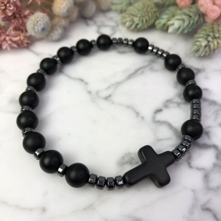 Męska bransoletka różaniec na rękę onyks matowy i hematyt ARTUNIQUE