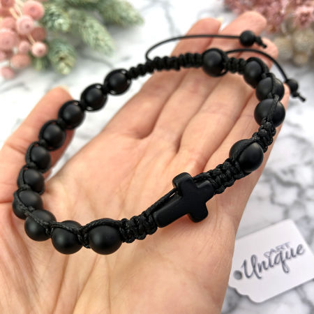 Męska bransoletka różaniec sznurkowy na rękę czarny onyks matowy ARTUNIQUE