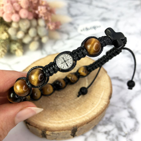 Męska bransoletka różaniec sznurkowy na rękę TYGRYSIE OKO  Św. Benedykt ARTUNIQUE