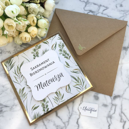 Ręcznie robiona spersonalizowana kartka na bierzmowanie w kopercie SGC006A