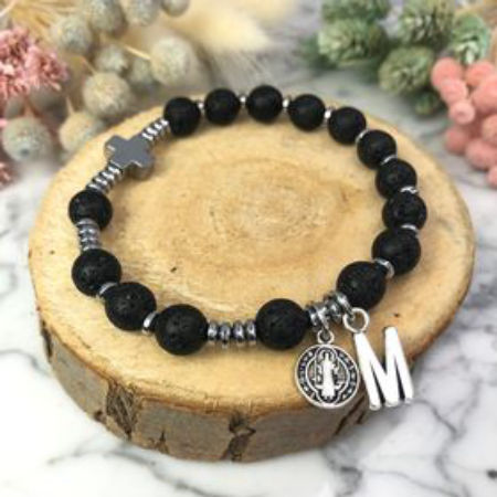 Różaniec bransoletka z inicjałem ✞ LAWA WULKANICZNA ✞ WRB076